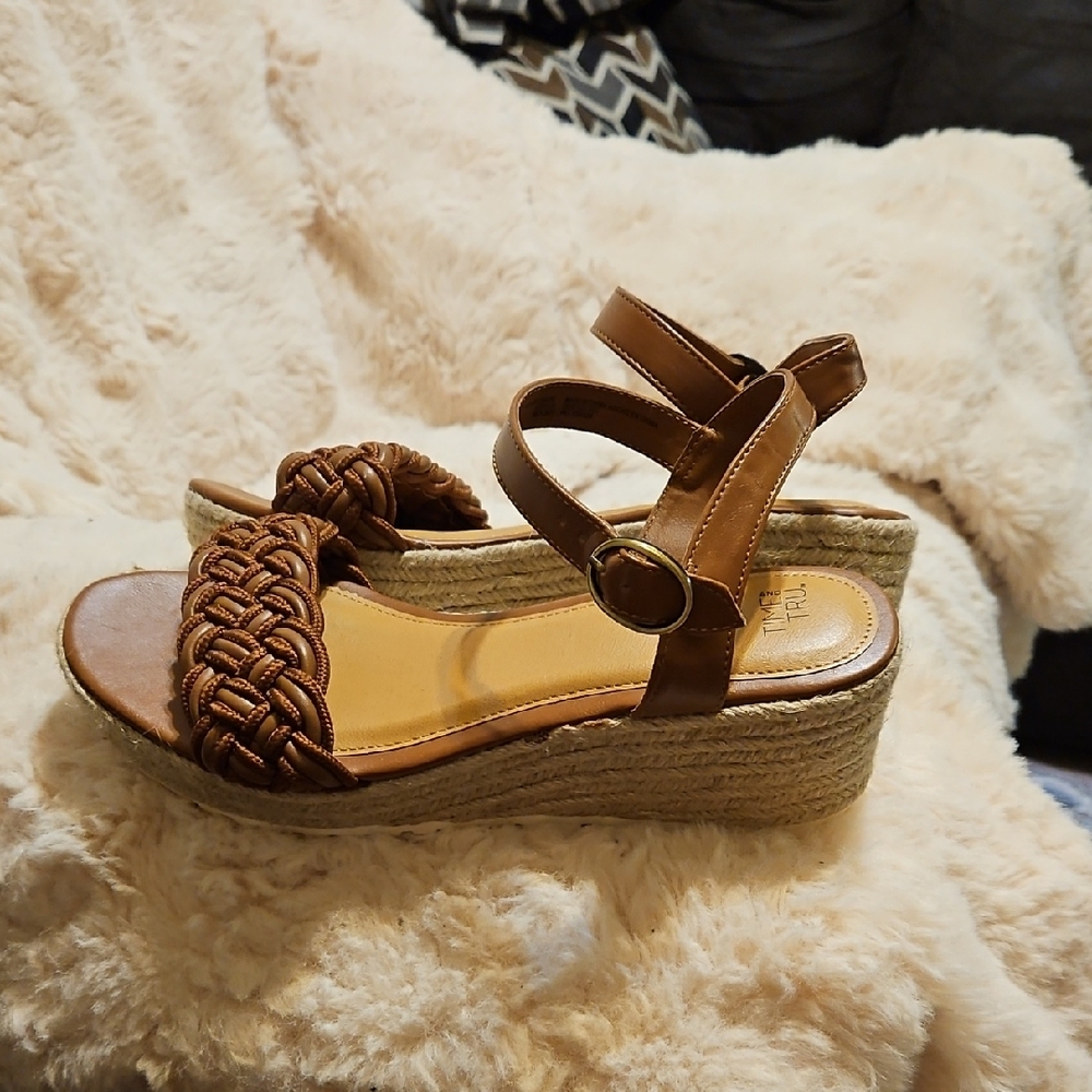 Time and Tru Brown Braided Wedge Sandals